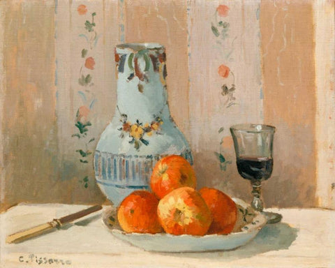 Still Life with Apples and Pitcher I White Modern Wood Framed Art Print with Double Matting by Pissarro, Camille