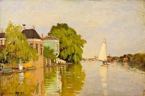 Houses on the Achterzaan White Modern Wood Framed Art Print with Double Matting by Monet, Claude
