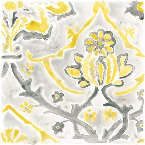 Citron Damask Tile I White Modern Wood Framed Art Print with Double Matting by Vess, June Erica