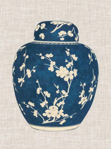 Blue and White Ginger Jar on Linen I White Modern Wood Framed Art Print with Double Matting by Vision Studio