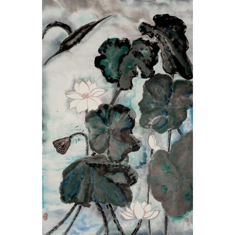 Lotus Study with Blue Green I Black Modern Wood Framed Art Print with Double Matting by Rae, Nan