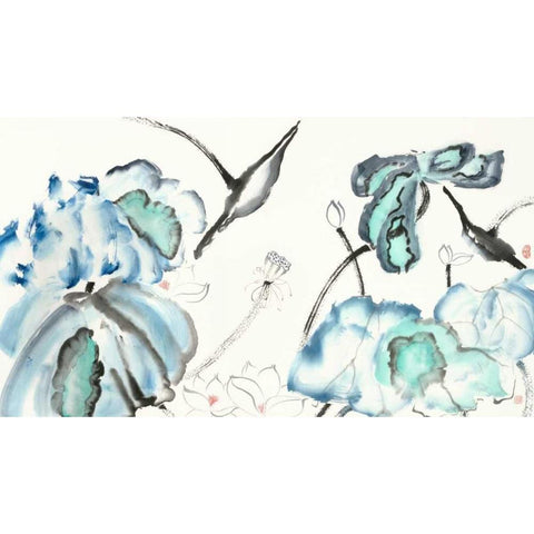 Lotus Study with Blue Green III White Modern Wood Framed Art Print by Rae, Nan