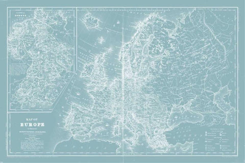 Map of Europe on Aqua Black Ornate Wood Framed Art Print with Double Matting by Mitchell