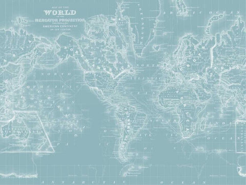 World Map on Aqua Black Ornate Wood Framed Art Print with Double Matting by Mitchell