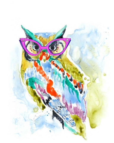 Smarty-Pants Owl White Modern Wood Framed Art Print with Double Matting by Goldberger, Jennifer