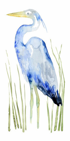 Blue Watercolor Heron I White Modern Wood Framed Art Print with Double Matting by Popp, Grace