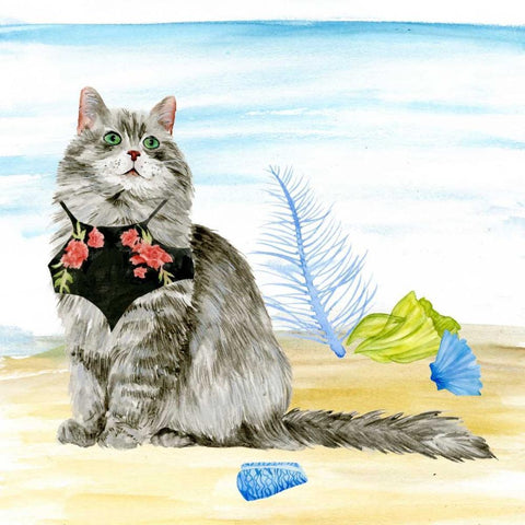 Summer Purr Party III White Modern Wood Framed Art Print with Double Matting by Wang, Melissa