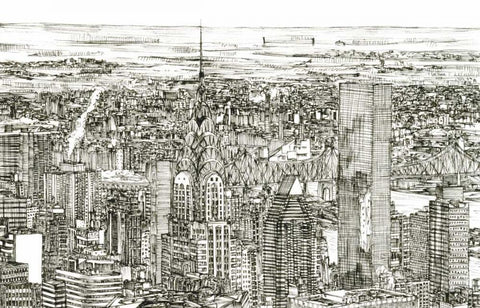 Skyline Sketch I White Modern Wood Framed Art Print with Double Matting by Wang, Melissa