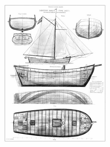 Custom Antique Ship Blueprint in BW II White Modern Wood Framed Art Print with Double Matting by Vision Studio
