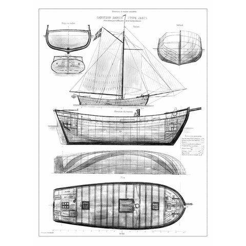 Custom Antique Ship Blueprint in BW II White Modern Wood Framed Art Print by Vision Studio