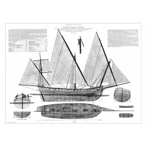 Custom Antique Ship Blueprint in BW III Black Modern Wood Framed Art Print with Double Matting by Vision Studio