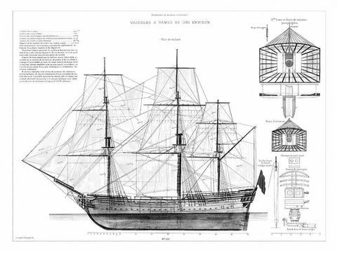 Custom Antique Ship Blueprint in BW IV Black Ornate Wood Framed Art Print with Double Matting by Vision Studio