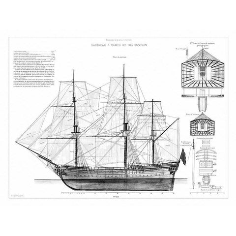Custom Antique Ship Blueprint in BW IV Gold Ornate Wood Framed Art Print with Double Matting by Vision Studio