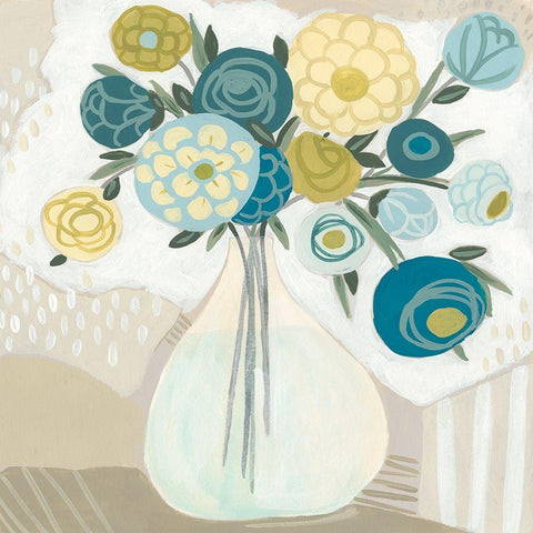 Blue Bohemian Bouquet I White Modern Wood Framed Art Print with Double Matting by Vess, June Erica