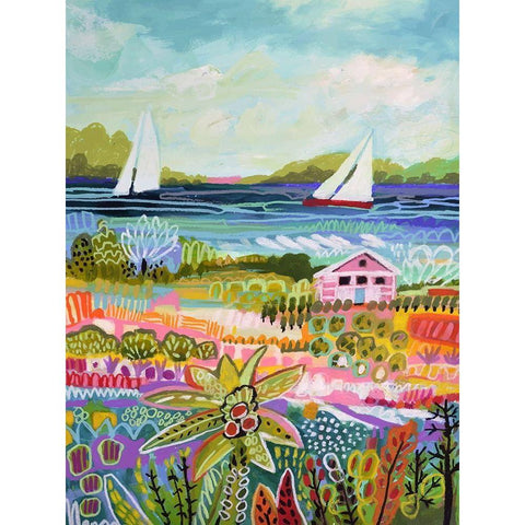 Two Sailboats and Cottage I Black Modern Wood Framed Art Print by Fields, Karen