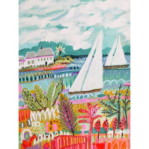 Two Sailboats and Cottage II Black Modern Wood Framed Art Print with Double Matting by Fields, Karen