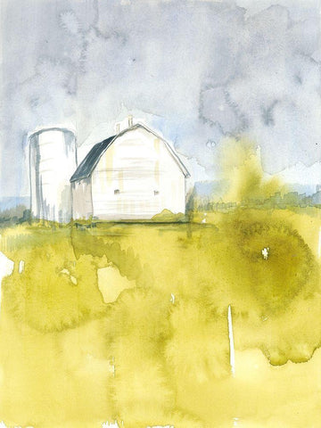 White Barn on Citron II White Modern Wood Framed Art Print with Double Matting by Goldberger, Jennifer