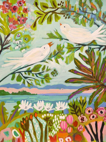 Birds in the Garden I Black Ornate Wood Framed Art Print with Double Matting by Fields, Karen