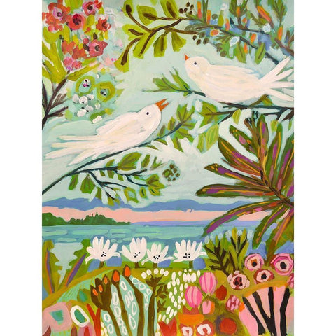 Birds in the Garden I White Modern Wood Framed Art Print by Fields, Karen