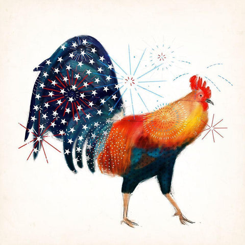 Rooster Fireworks II Gold Ornate Wood Framed Art Print with Double Matting by Borges, Victoria