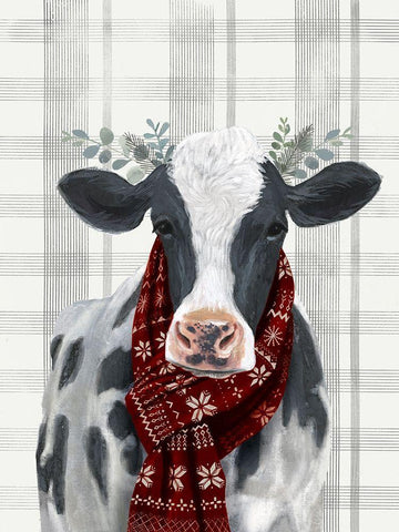 Yuletide Cow I White Modern Wood Framed Art Print with Double Matting by Borges, Victoria