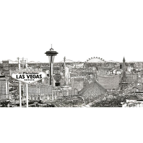 Vegas Skyline in BandW Black Modern Wood Framed Art Print with Double Matting by Wang, Melissa