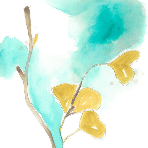 Teal and Ochre Ginko I White Modern Wood Framed Art Print by Vess, June Erica