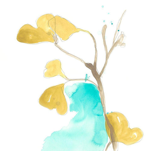 Teal and Ochre Ginko IX White Modern Wood Framed Art Print with Double Matting by Vess, June Erica