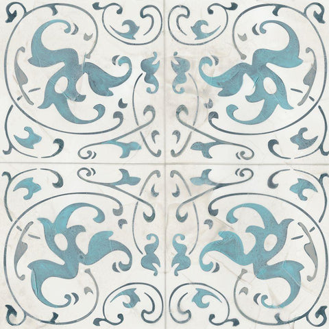 Teal Tile Collection VIII White Modern Wood Framed Art Print with Double Matting by Vess, June Erica