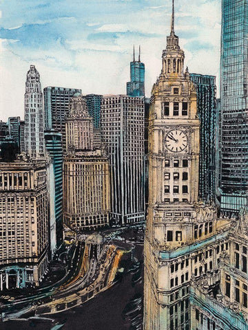 US Cityscape-Chicago Black Ornate Wood Framed Art Print with Double Matting by Wang, Melissa