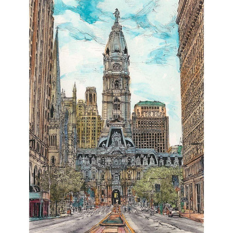 US Cityscape-Philadelphia Black Modern Wood Framed Art Print with Double Matting by Wang, Melissa