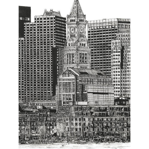 BandW Us Cityscape-Boston Black Modern Wood Framed Art Print with Double Matting by Wang, Melissa