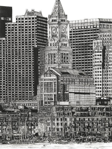 BandW Us Cityscape-Boston Black Ornate Wood Framed Art Print with Double Matting by Wang, Melissa