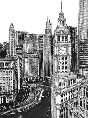 BandW Us Cityscape-Chicago Black Ornate Wood Framed Art Print with Double Matting by Wang, Melissa