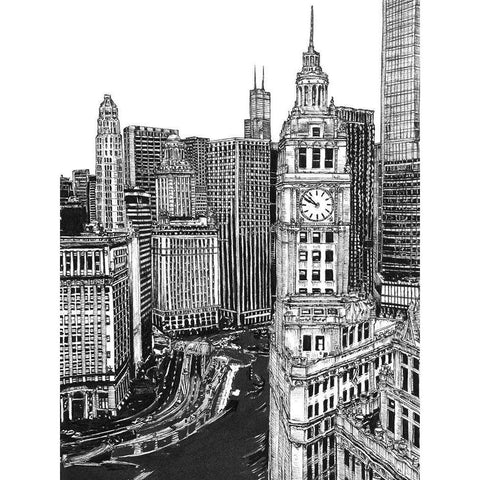 BandW Us Cityscape-Chicago Black Modern Wood Framed Art Print with Double Matting by Wang, Melissa