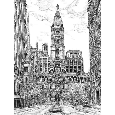 BandW Us Cityscape-Philadelphia White Modern Wood Framed Art Print by Wang, Melissa