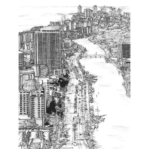 BandW Us Cityscape-Miami White Modern Wood Framed Art Print by Wang, Melissa