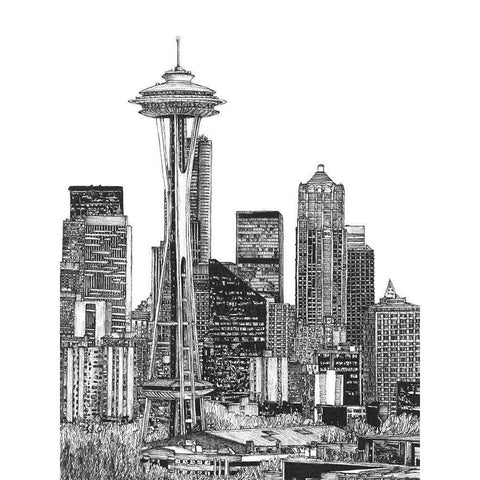 BandW Us Cityscape-Seattle Black Modern Wood Framed Art Print with Double Matting by Wang, Melissa