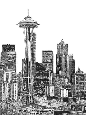 BandW Us Cityscape-Seattle White Modern Wood Framed Art Print with Double Matting by Wang, Melissa