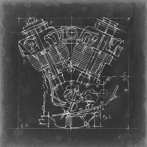 Motorcycle Engine Blueprint I Black Ornate Wood Framed Art Print with Double Matting by Harper, Ethan