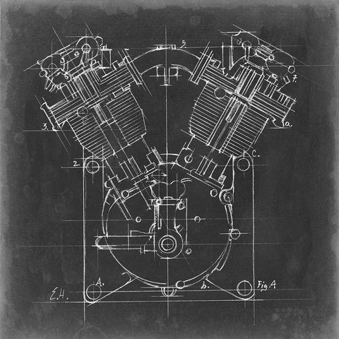 Motorcycle Engine Blueprint II White Modern Wood Framed Art Print by Harper, Ethan