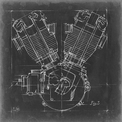 Motorcycle Engine Blueprint III White Modern Wood Framed Art Print by Harper, Ethan