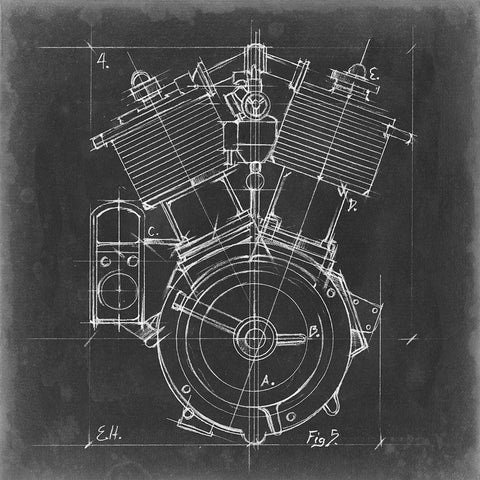 Motorcycle Engine Blueprint IV White Modern Wood Framed Art Print by Harper, Ethan