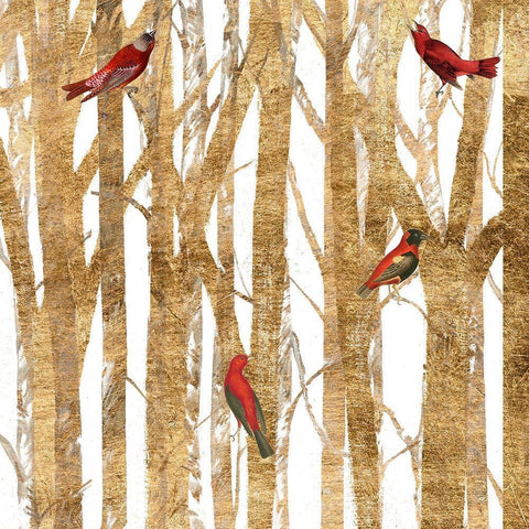 Red Bird Christmas II White Modern Wood Framed Art Print with Double Matting by Studio W