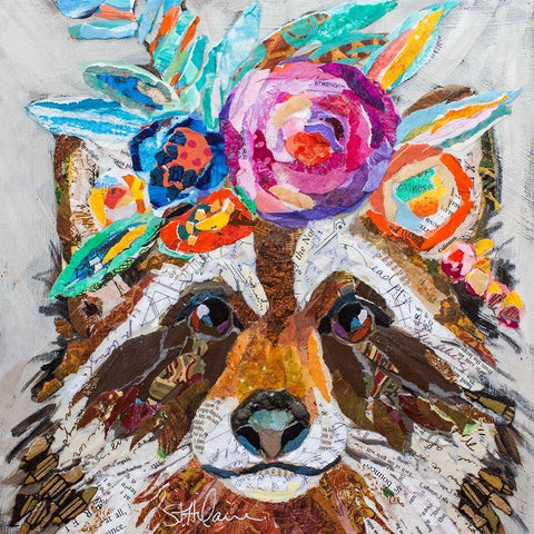 Raccoon Floral White Modern Wood Framed Art Print with Double Matting by St. Hilaire, Elizabeth