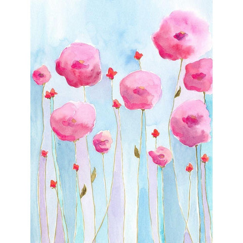 Pink Florets I Black Modern Wood Framed Art Print with Double Matting by Moore, Regina
