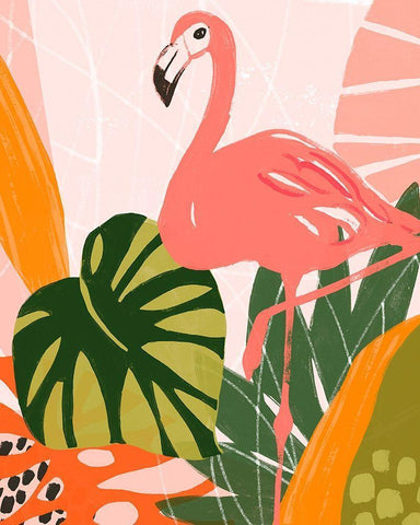 Jungle Flamingo I White Modern Wood Framed Art Print with Double Matting by Vess, June Erica