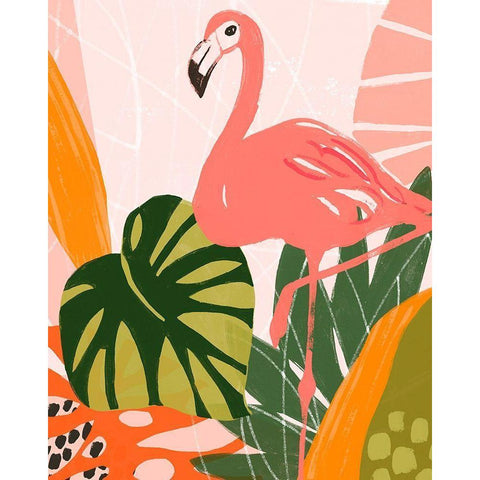 Jungle Flamingo I White Modern Wood Framed Art Print by Vess, June Erica
