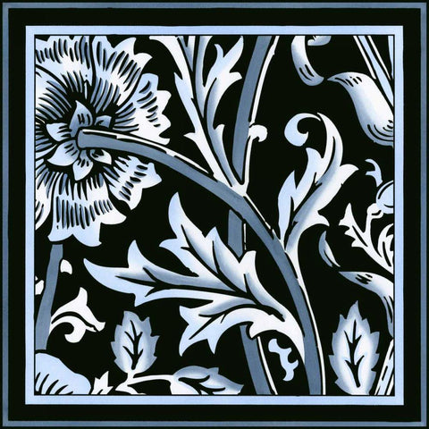 Blue and White Floral Motif IV Black Modern Wood Framed Art Print by Vision Studio