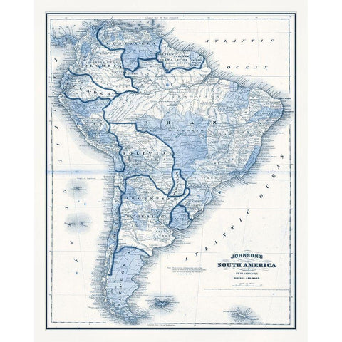 South America in Shades of Blue Black Modern Wood Framed Art Print by Vision Studio